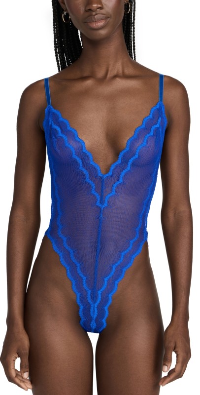 Suzy Black Jahger Rick Rack Lace Thong Bodysuit Cobalt Blue