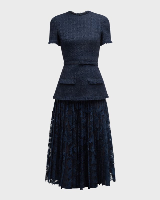 Short-Sleeve Tweed And Guipure Skirt Midi Dress With Self Belt