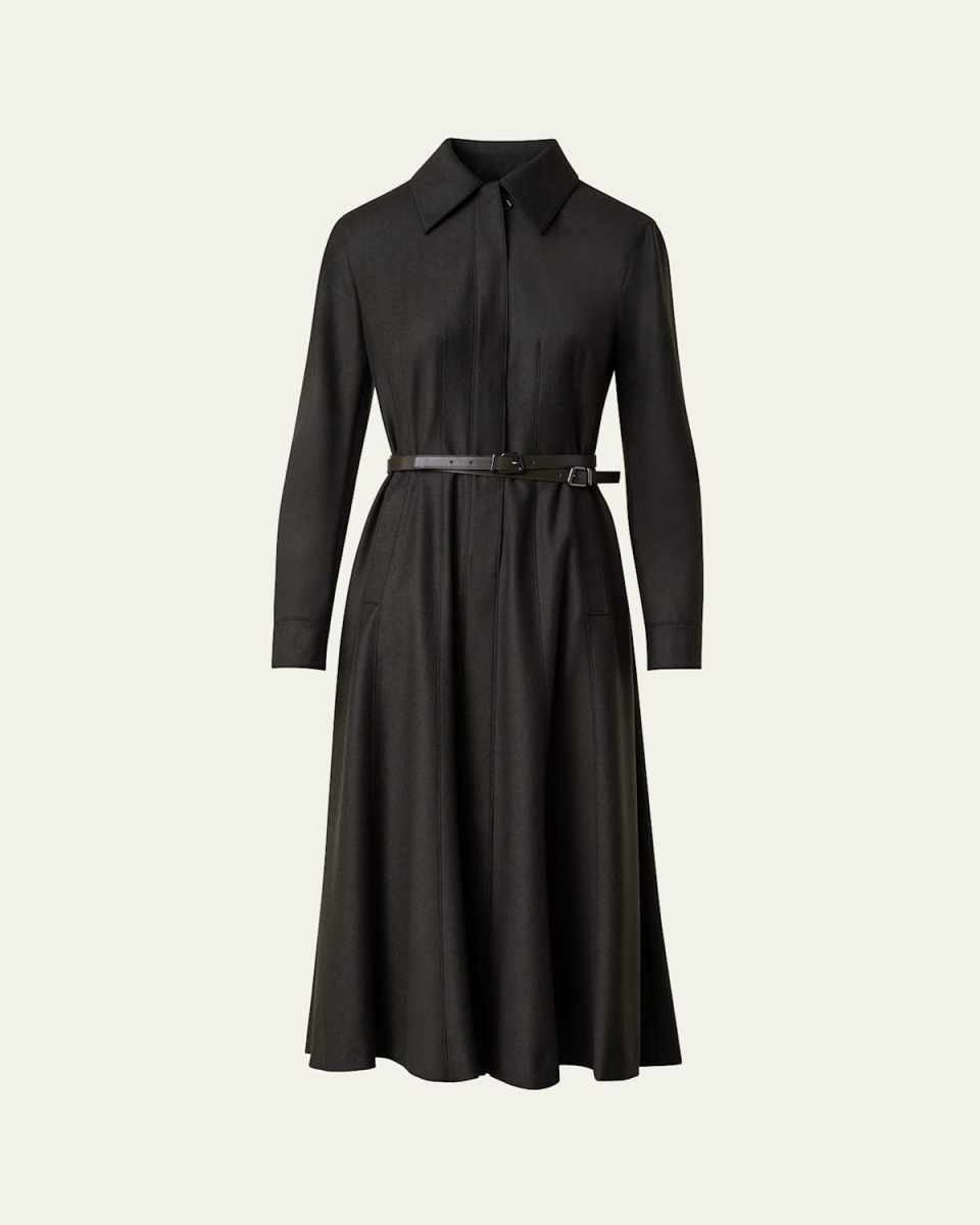 Double Belted Stretch Wool Flannel Midi Dress