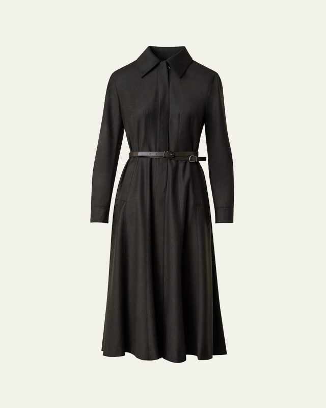 Double Belted Stretch Wool Flannel Midi Dress