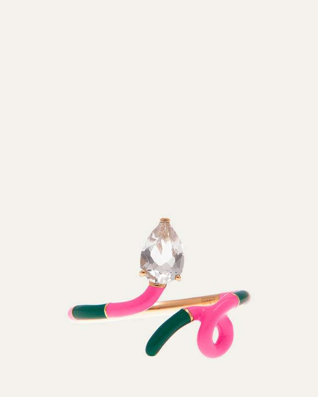 Drop-Cut Rock Crystal Duo Colored Ring in Evergreen and Bubble Gum Pink Enamel