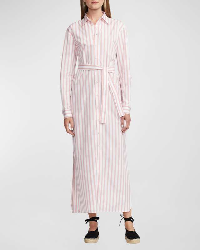 Ysabella Umbrella Striped Belted Maxi Shirtdress