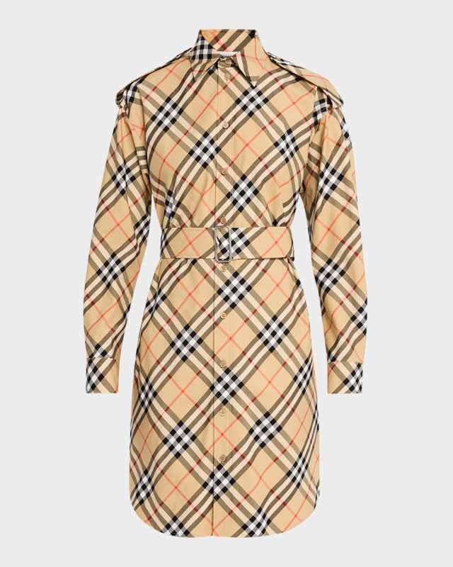 Check Belted Long-Sleeve Shirtdress