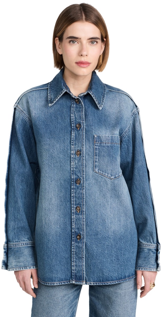 Victoria Beckham Oversized Pleat Detail Denim Shirt Vintage Wash Mid