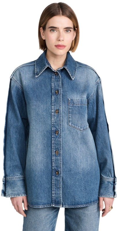 Victoria Beckham Oversized Pleat Detail Denim Shirt Vintage Wash Mid