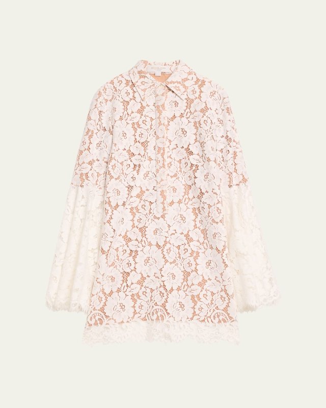 Floral Lace Flare-Sleeve Mini Shirtdress