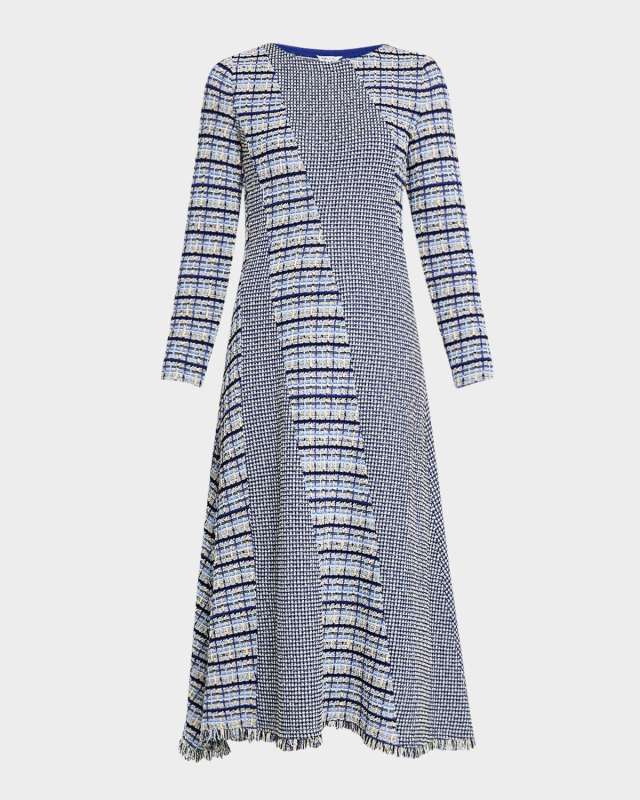 Fringe-Trim Tweed Midi Dress