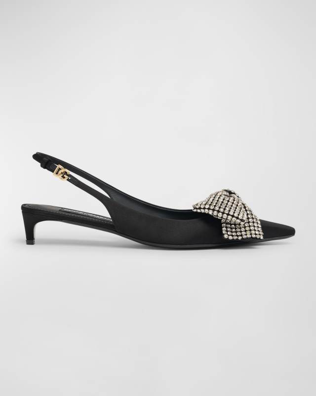 Satin Crystal Bow Kitten Slingback Pumps