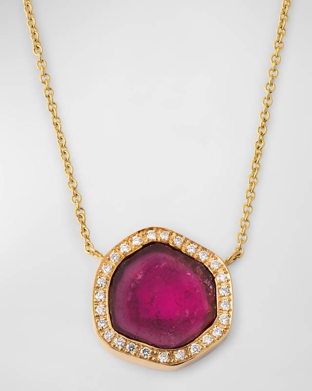 Watermelon Tourmaline Slice Diamond Halo Necklace