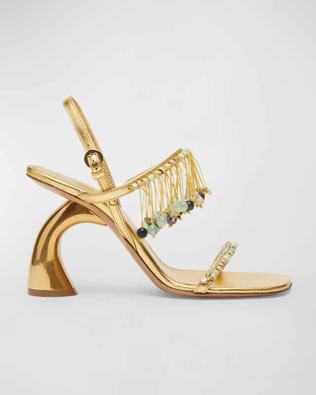Metallic Beaded Fringe Slingback Sandals