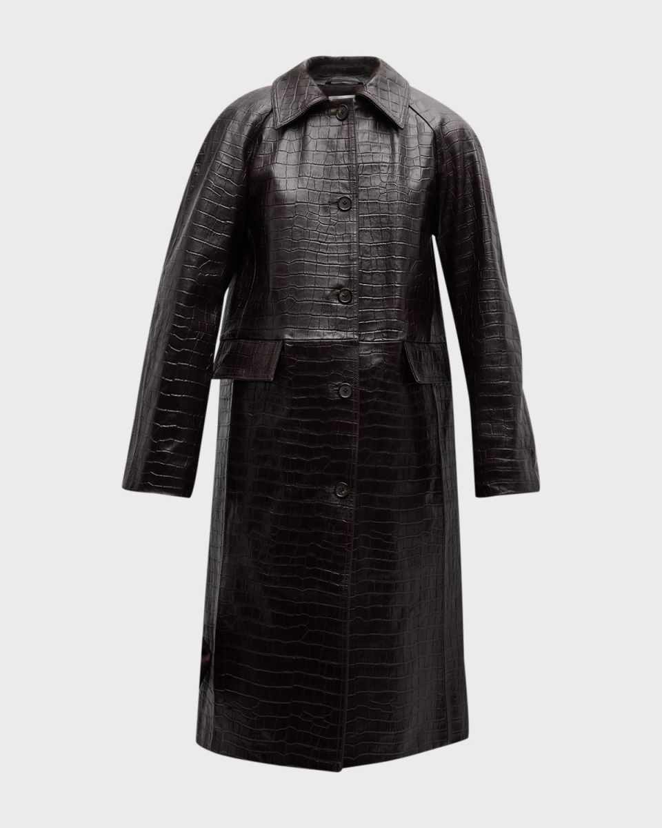 Raglan-Sleeve Croc-Embossed Leather Midi Coat