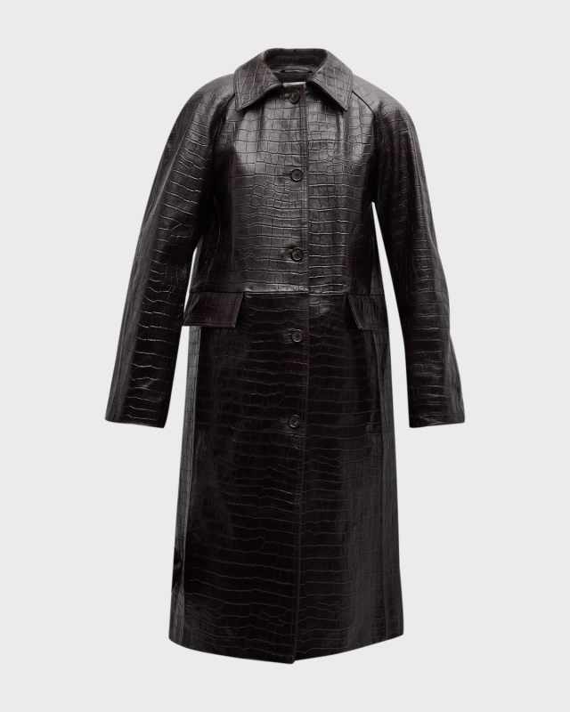 Raglan-Sleeve Croc-Embossed Leather Midi Coat