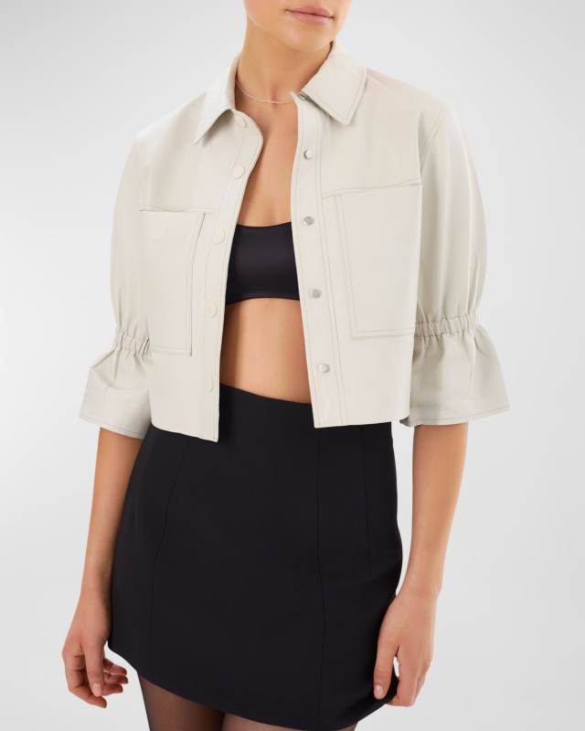 Carolina Cropped Ruffle-Sleeve Leather Jacket