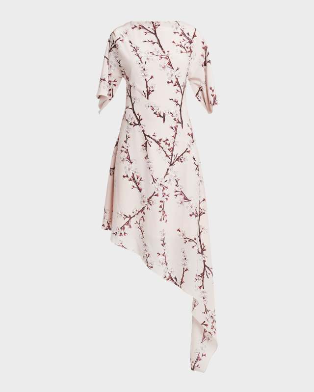 Floral-Print Short-Sleeve Asymmetric Silk Day Dress