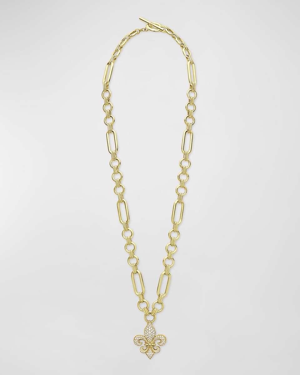 18K Gold Caviar Diamond Fleur-De-Lis Pendant Necklace