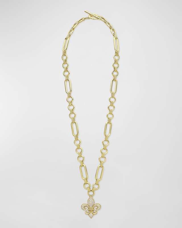 18K Gold Caviar Diamond Fleur-De-Lis Pendant Necklace
