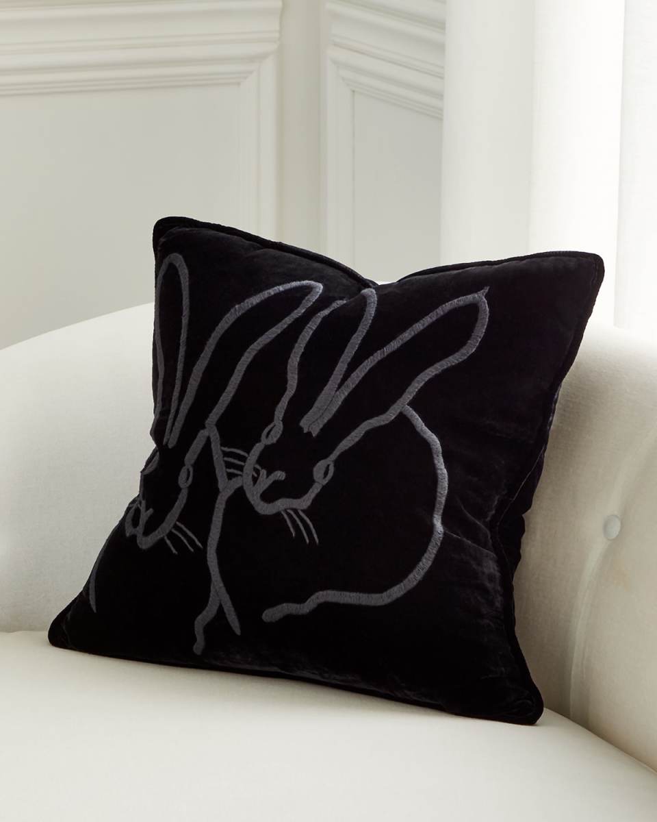 Hand-Embroidered Velvet Bunny Pillow, Black