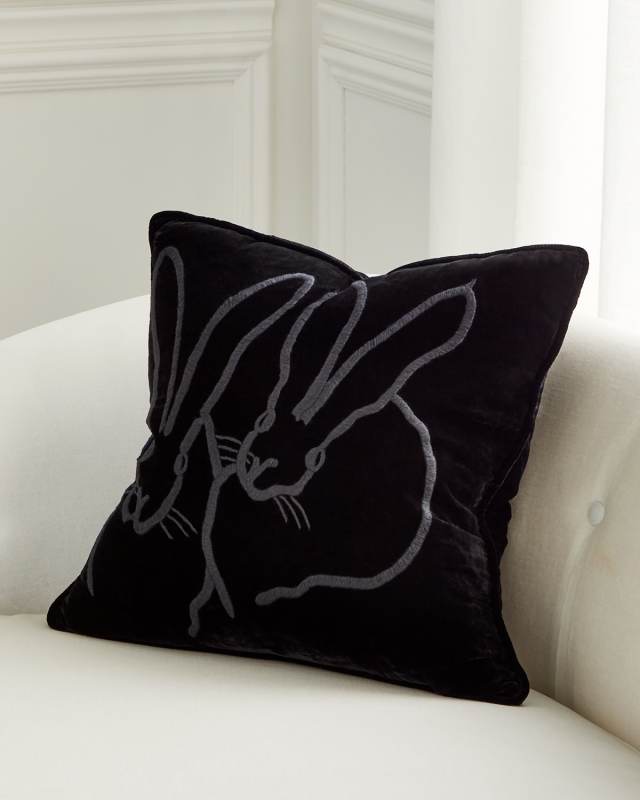 Hand-Embroidered Velvet Bunny Pillow, Black