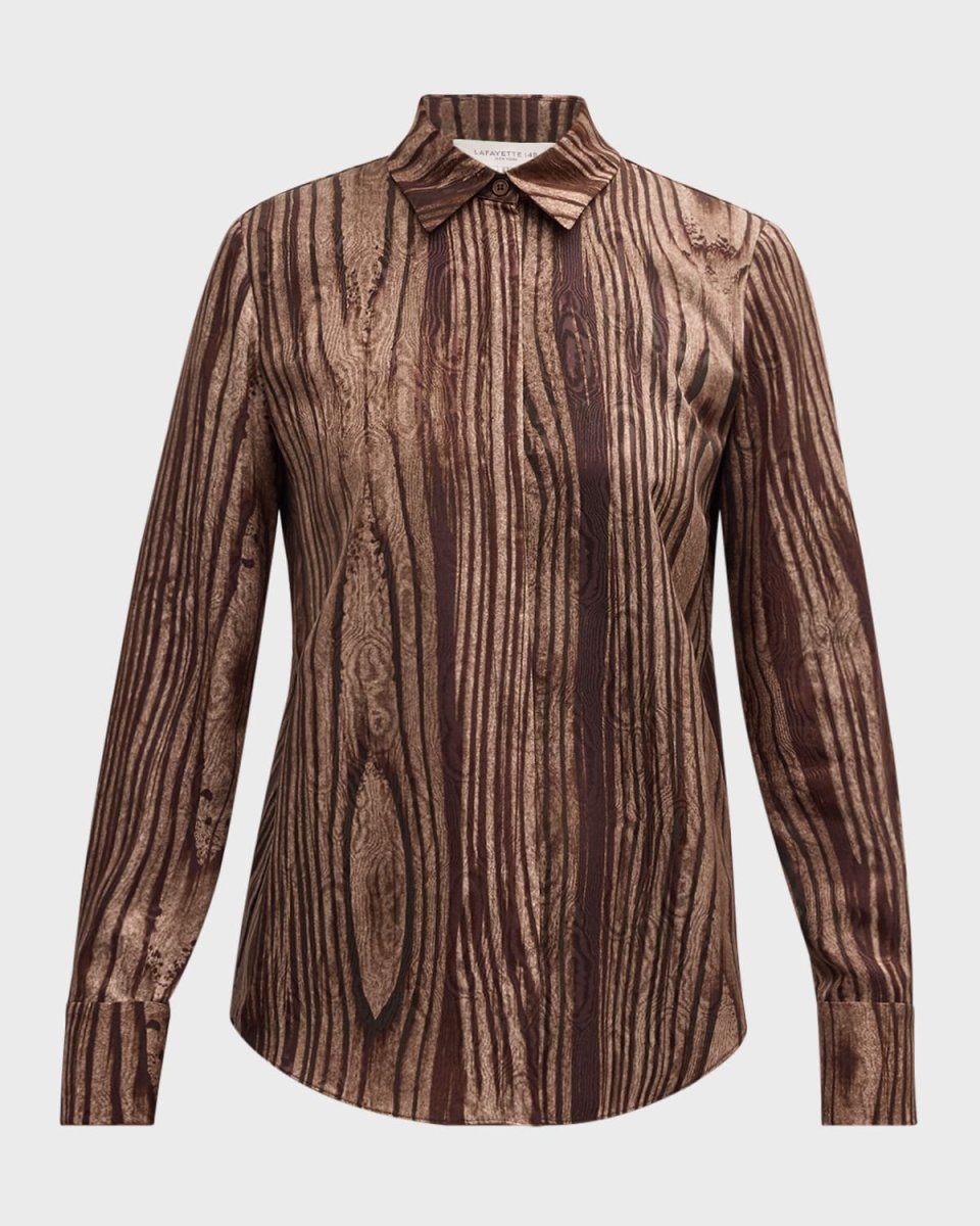 Scottie Wood Grain-Print Silk Blous