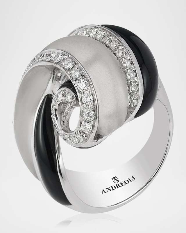 18K White Gold Black Onyx and Rock Crystal Ring with Diamonds, Size 6.5