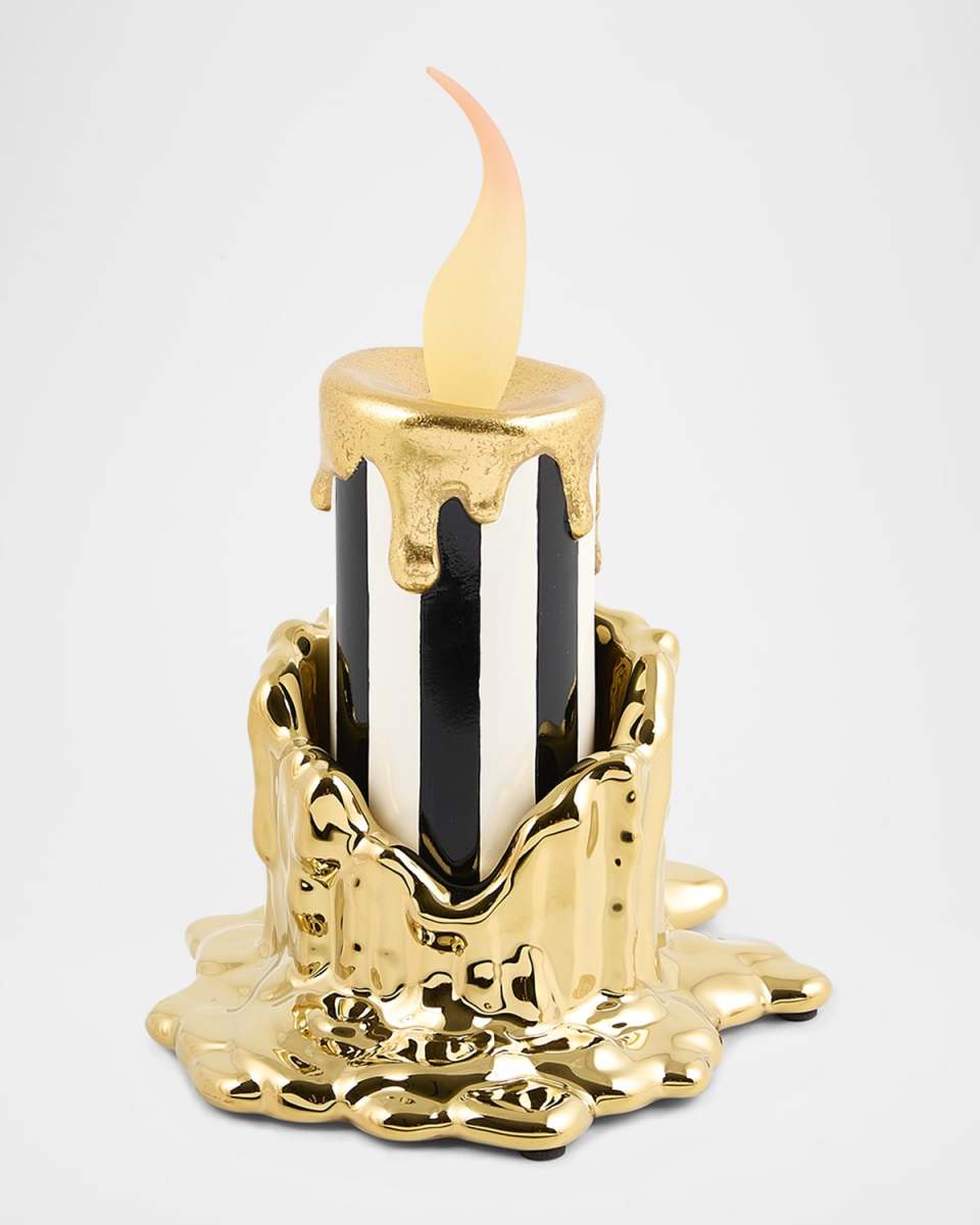 Haunted House Gold Candle Holder and Illuminated Stripe Candle Set, 9"T