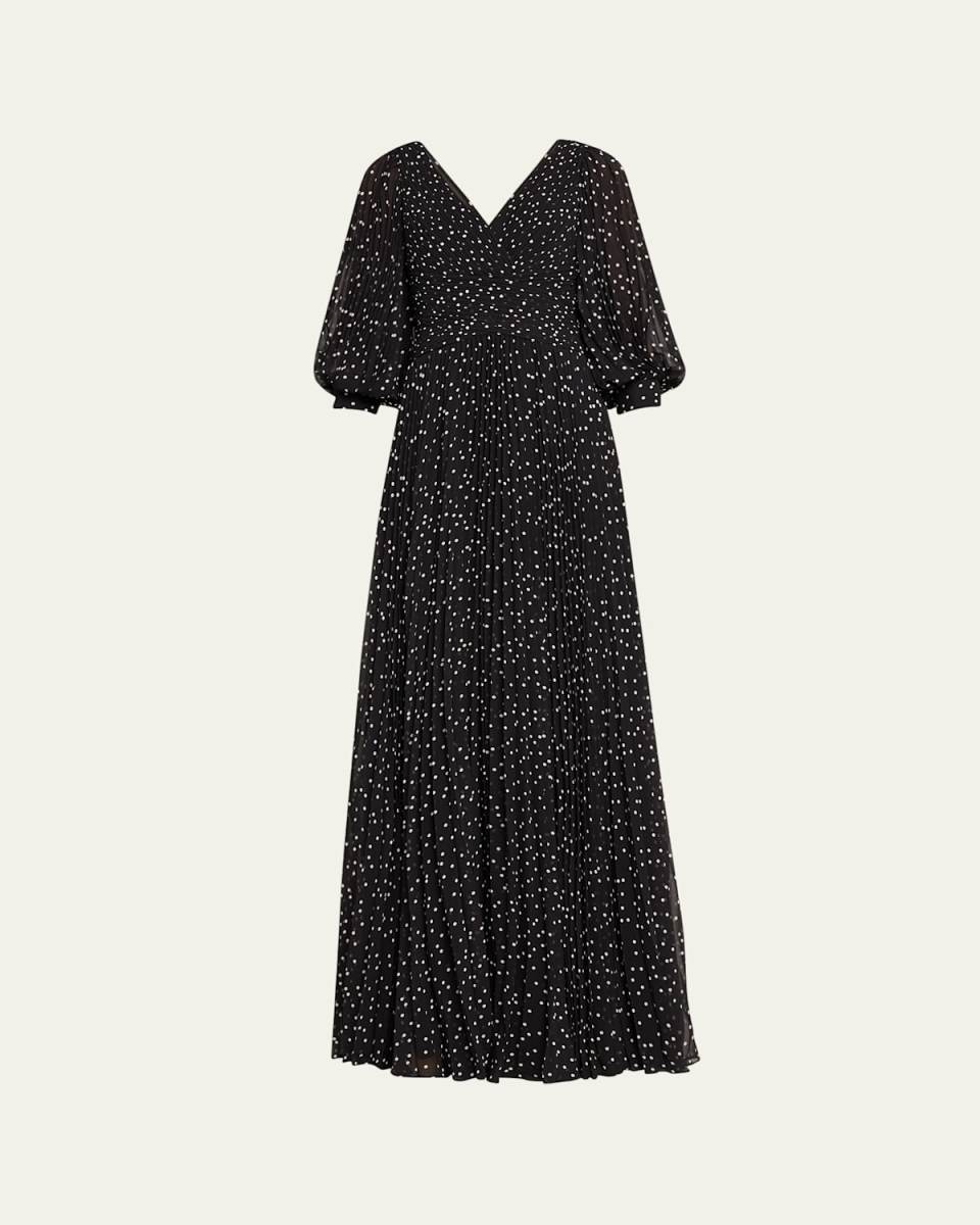 Pleated Polka Dot Chiffon Gown