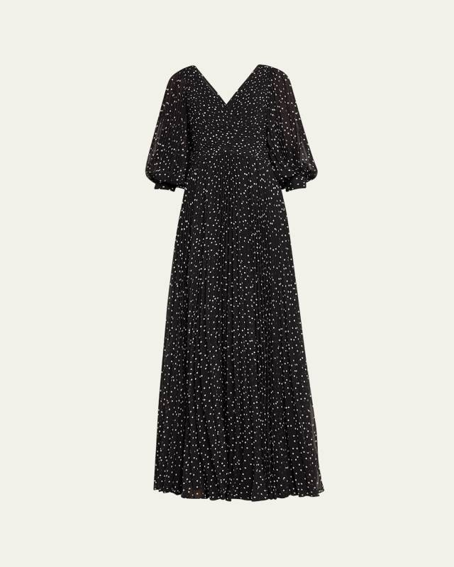 Pleated Polka Dot Chiffon Gown
