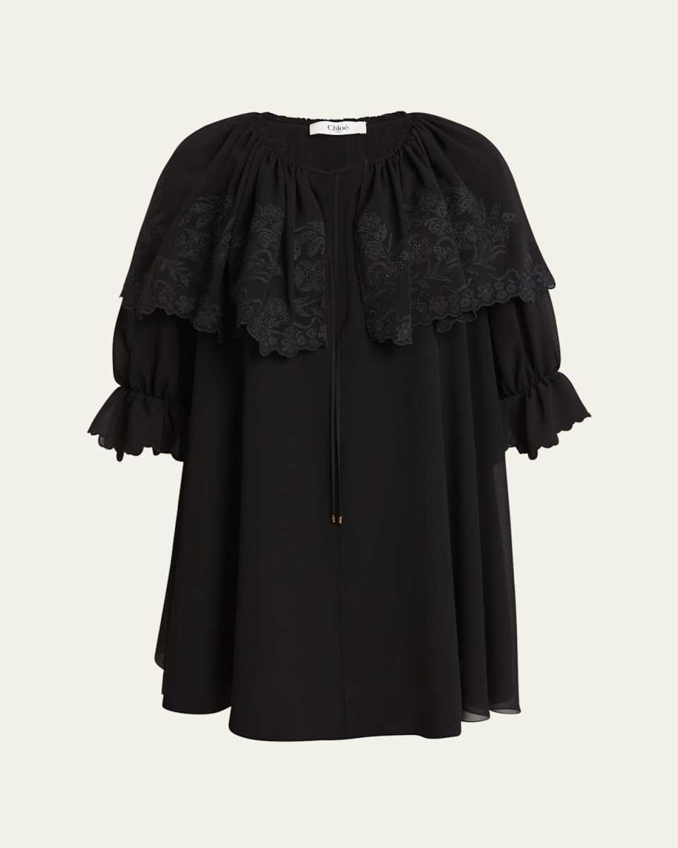 Shoulder Ruffle Drawstring Silk Georgette Mini Dress