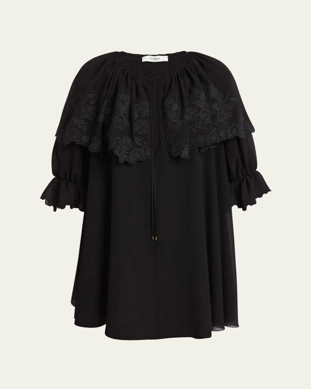 Shoulder Ruffle Drawstring Silk Georgette Mini Dress
