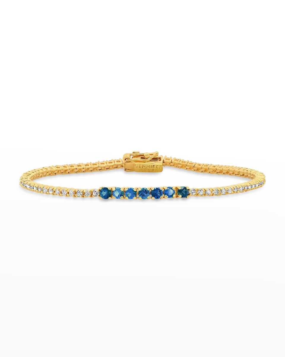 Yellow Gold 4-Prong Diamond and Sapphire Accent Tennis Bracelet