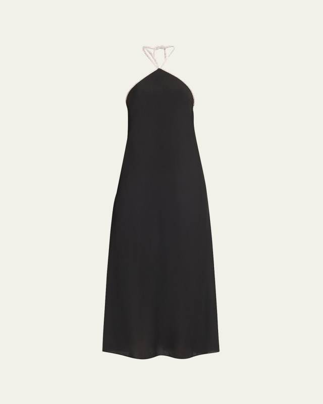 Onyx Crystal Trim Halter Maxi Dress