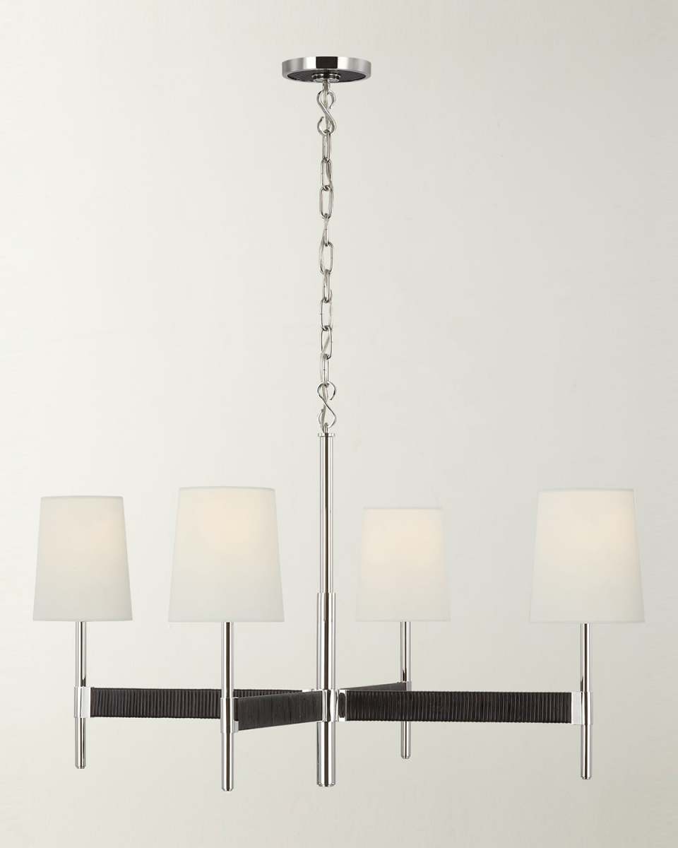 Elle Large Chandelier In Polished Nickel And Black Rattan With Linen Shades By Suzanne Kasler