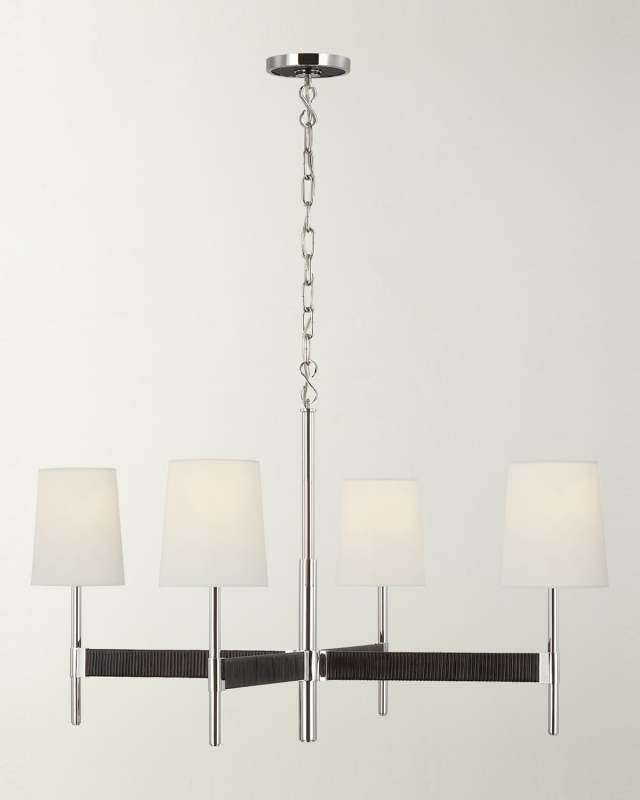 Elle Large Chandelier In Polished Nickel And Black Rattan With Linen Shades By Suzanne Kasler
