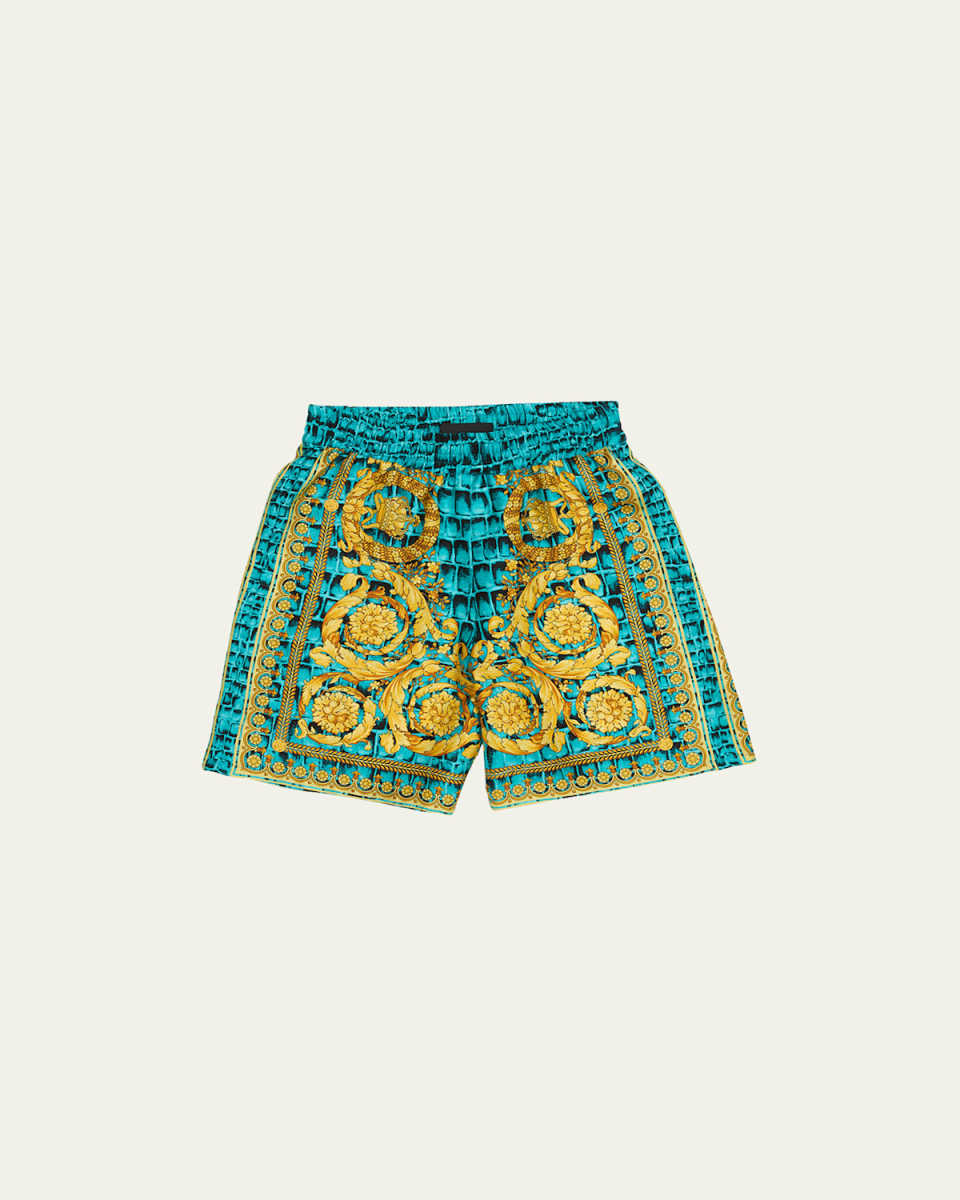 Boy's Barocco-Print Silk Shorts, Size 8-14