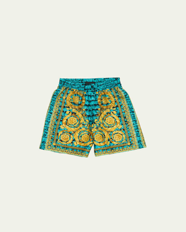 Boy's Barocco-Print Silk Shorts, Size 8-14