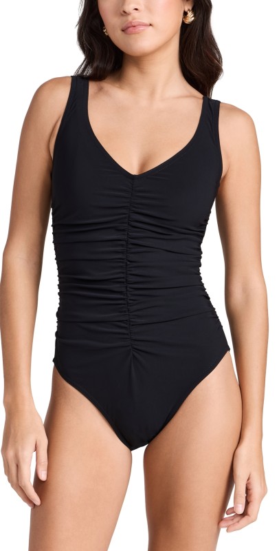 Karla Colletto Basics V Neck Silent Underwire Tank One Piece with High Back Black