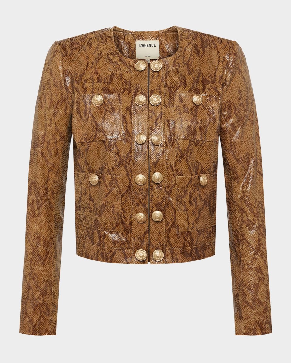 Jayde Snake-Printed Leather Collarless Jacket