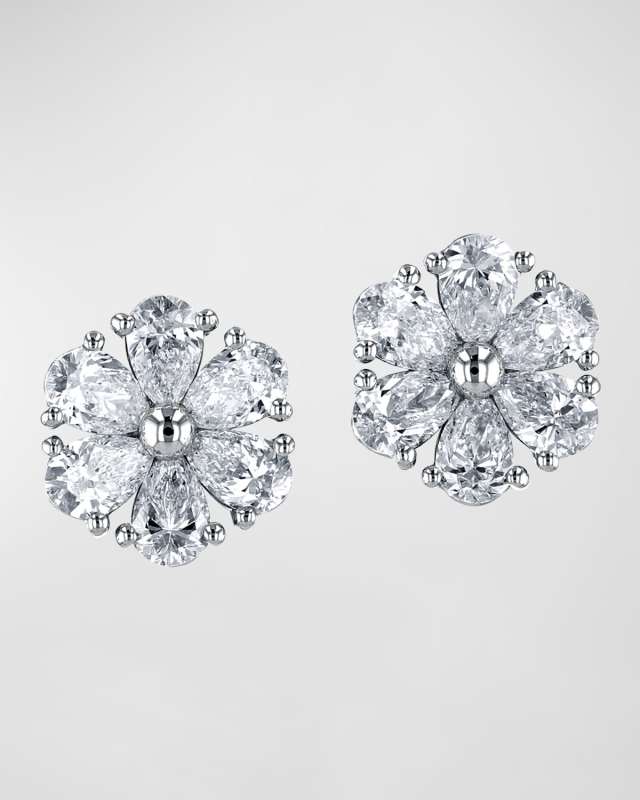 18K Gold Pear-Shaped Diamond Flower Stud Earrings, 2.4tcw, 0.45"L / 0.45"W