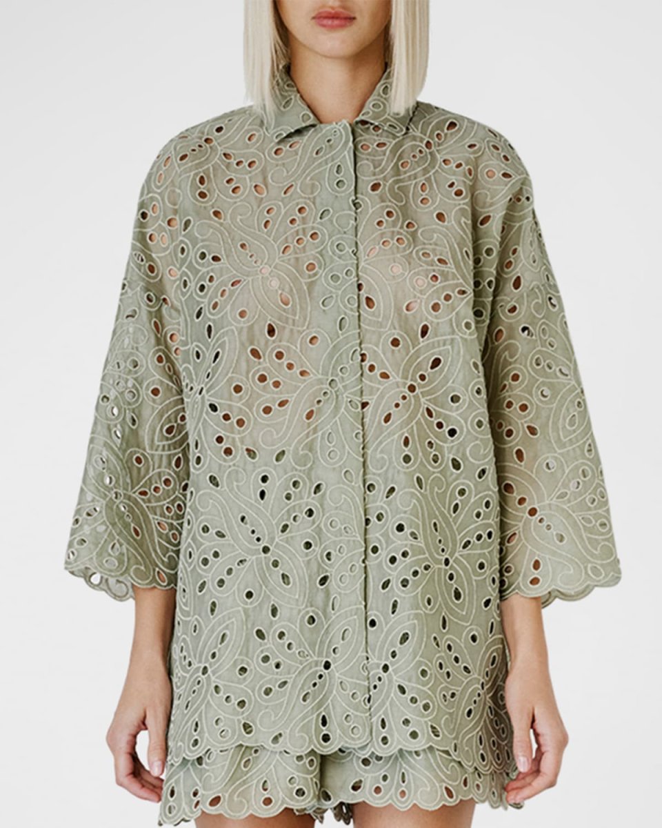 Eyelet Embroidered Bracelet-Sleeve Collared Shirt