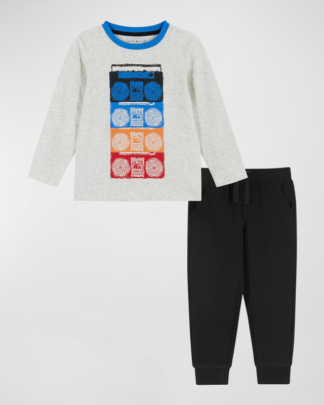 Boy's Boombox Long-Sleeve Top and Pants Set, Size 2T-8