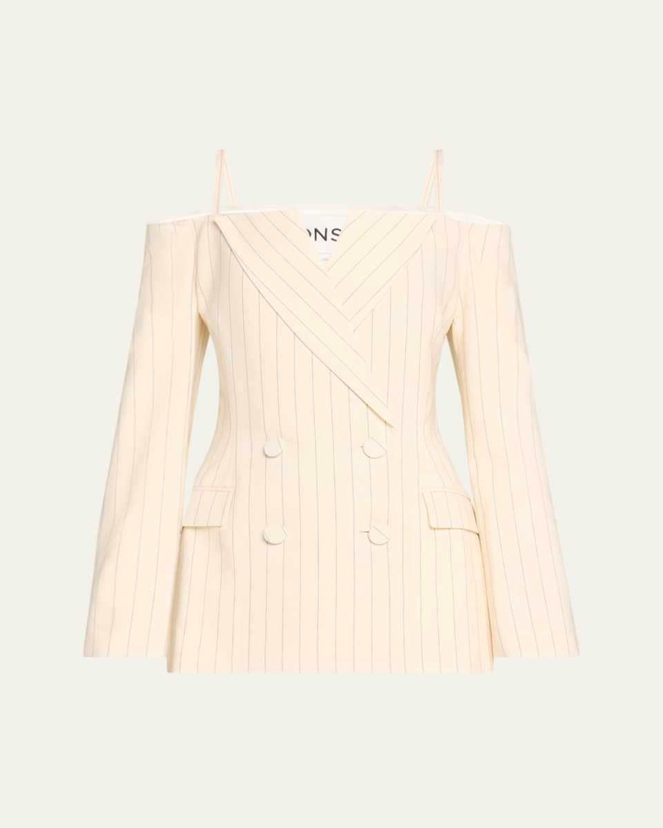 Pinstripe Cold-Shoulder Double Breasted Wool Blazer