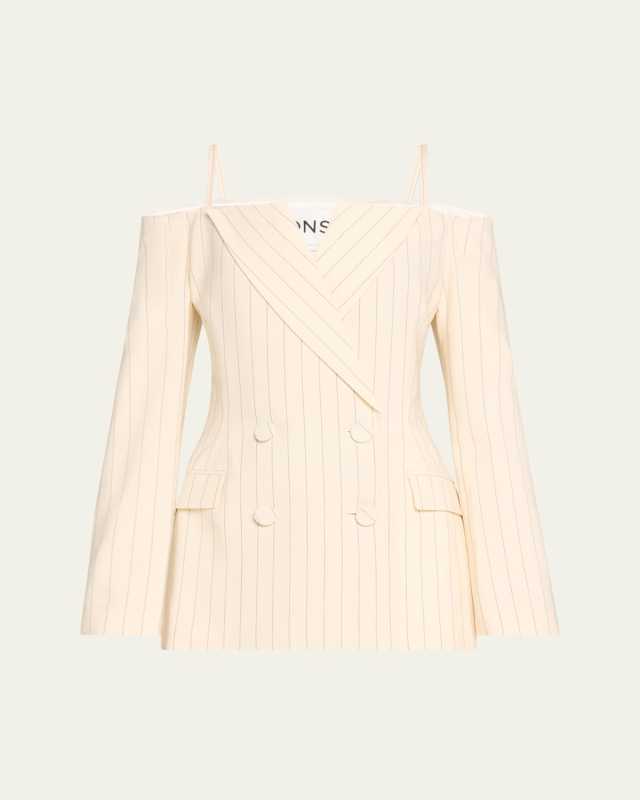 Pinstripe Cold-Shoulder Double Breasted Wool Blazer