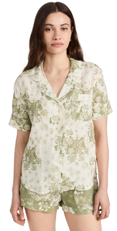 Desmond & Dempsey Short Sleeve PJ Set Flowers of Time Print Sage & Green