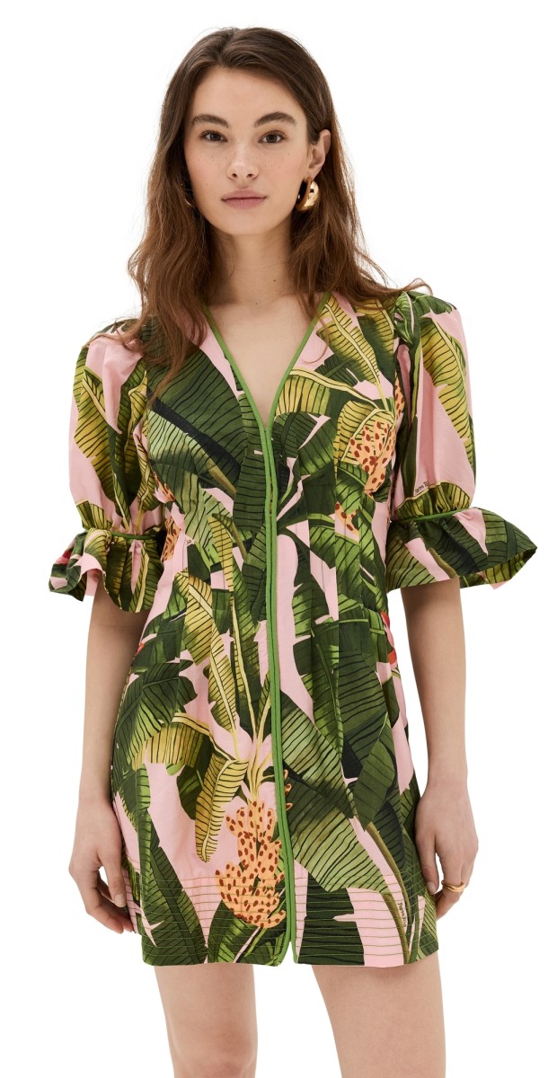 FARM Rio Pink Banana Leaves V Neckini Dress Banana Leaves Pink
