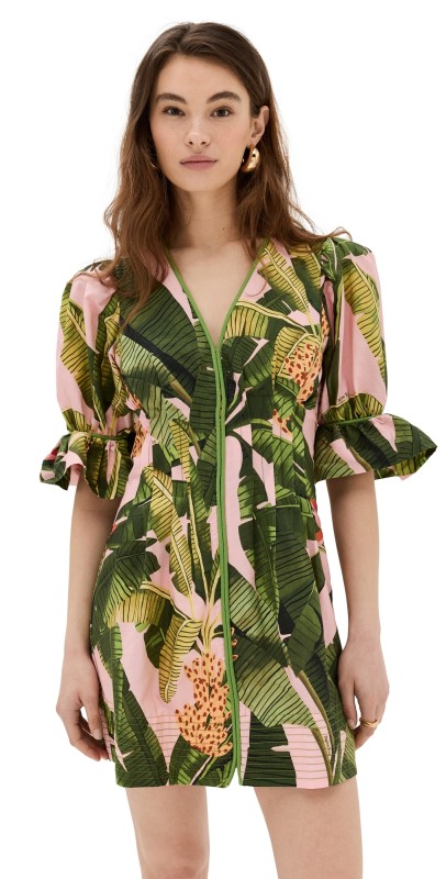 FARM Rio Pink Banana Leaves V Neckini Dress Banana Leaves Pink