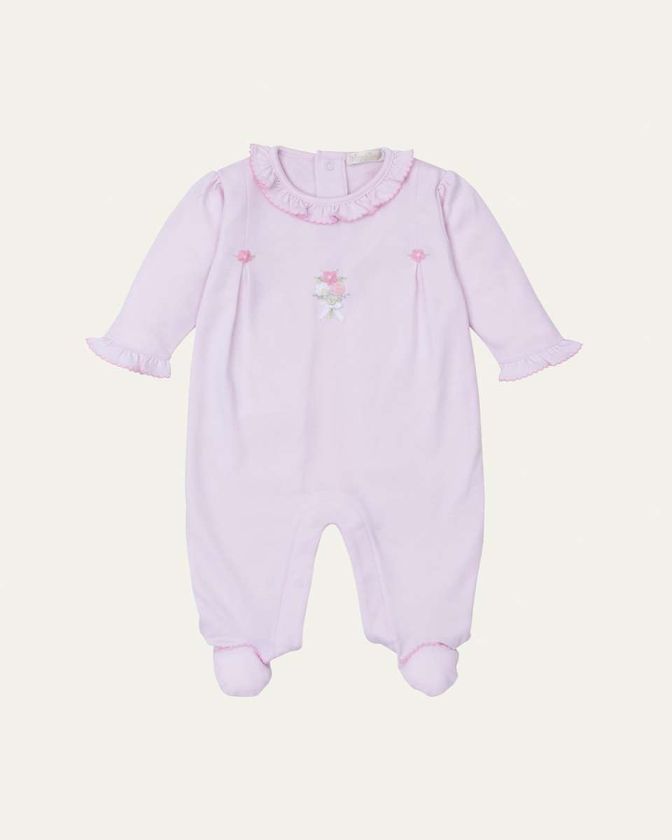 Girl's Flower Bouquets Hand Embroidered Footie, Size Newbor