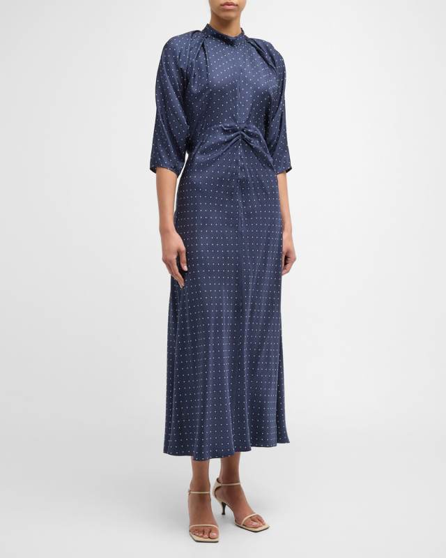 Ruched Dolman-Sleeve Polka Dot Silk Midi Dress