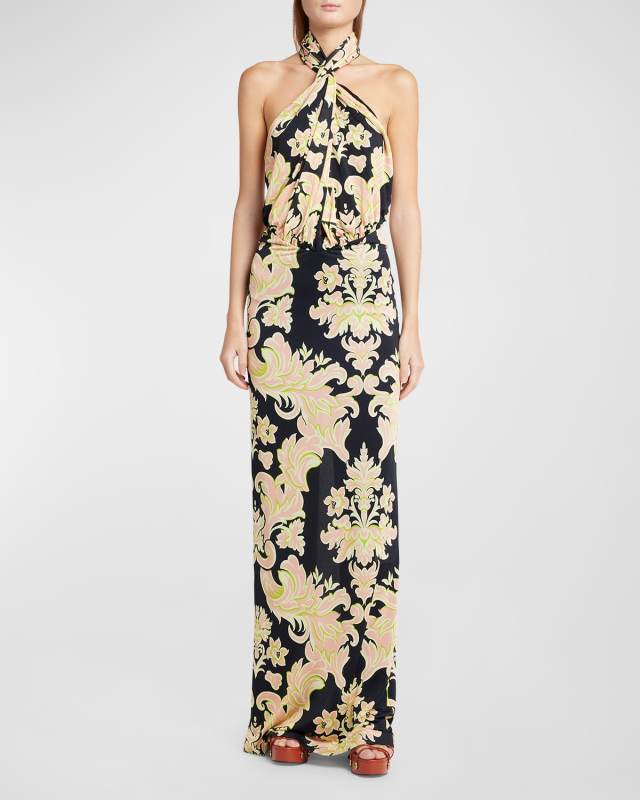 Floral Print Draped Halter Gown