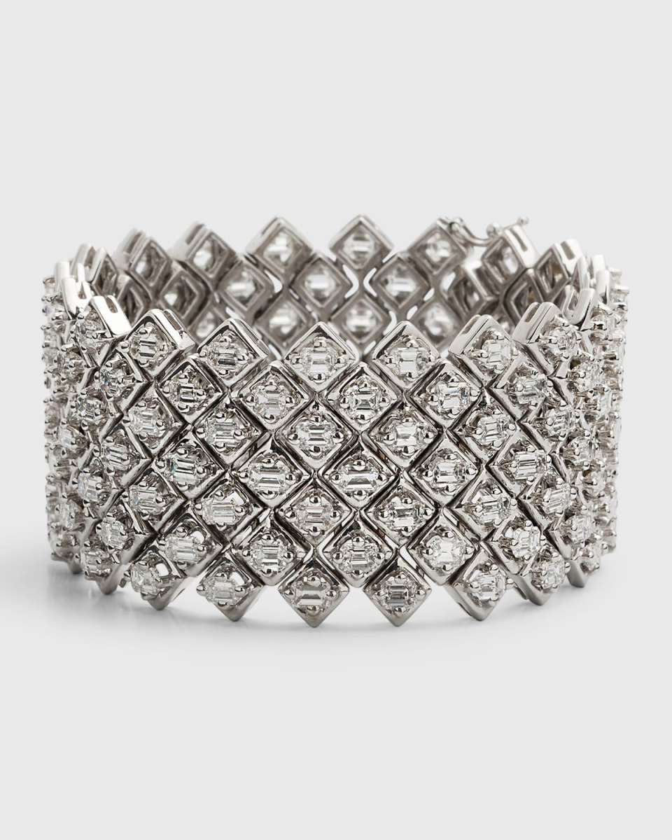 Estate Rhodium-Plated 18K Gold Emerald-Cut Diamond Wide Bracelet