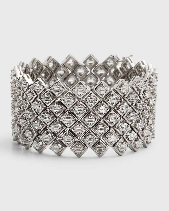 Estate Rhodium-Plated 18K Gold Emerald-Cut Diamond Wide Bracelet